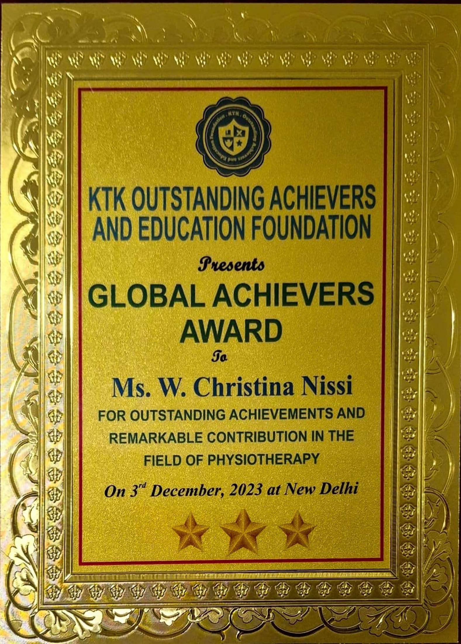 Bharat Gaurav Puraskar award presented to Ms. W. Christina Nissi