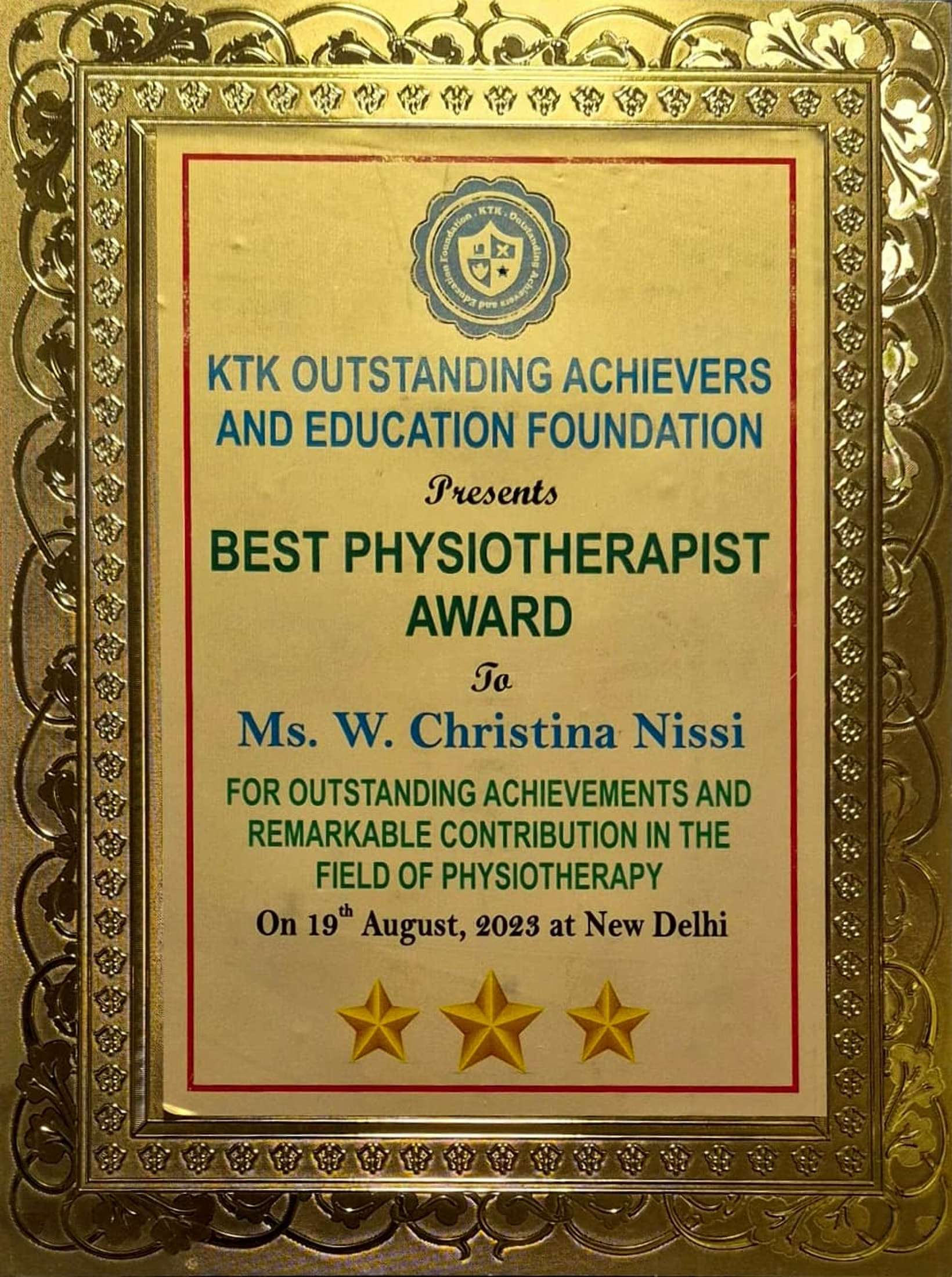 Legendary Icon of India Award 2025 certificate presented to Ms. W. Christina Nissi