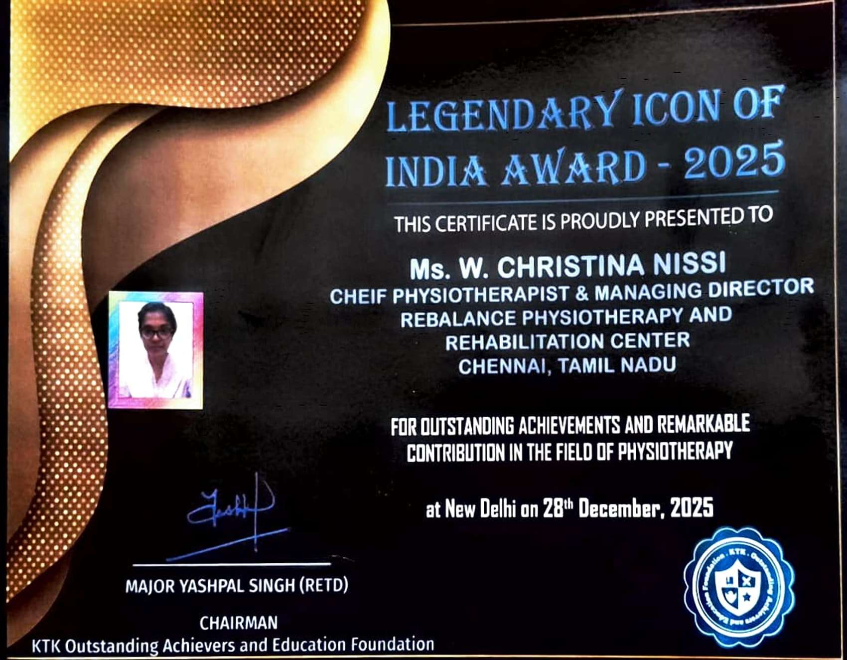 Best Physiotherapist Award presented to Ms. W. Christina Nissi